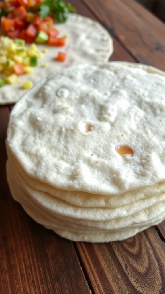Homemade Flour Tortillas Recipe A stack of warm homemade flour tortillas on a wooden table, ready for tacos or wraps.